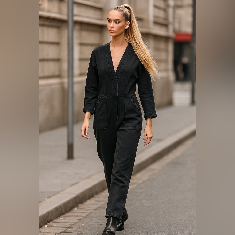Gap Denim Jumpsuit Long Sleeve Pockets Black V Neck Straight Leg Size Sm…​​​